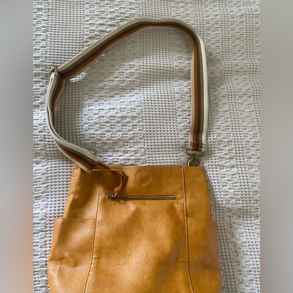Women’s Tan Vegan Leather Crossbody Bag with Striped Canvas Strap